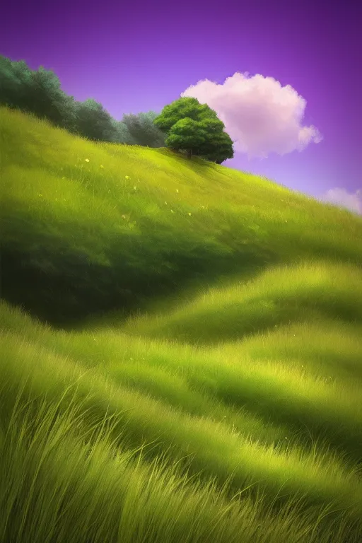 Prompt: grassy hills single tree center, flowers and fantasy sky, through clouds blue sky, andreas rocha style
