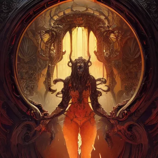 Image similar to hyper realistic portrait of a Necronomicon demon character in a hell portal in a film, art by artery and Greg Rutkowski and alphonse mucha, sci-fi, fantasy, intricate, ornate, very very beautiful, elegant, highly detailed, digital painting, artstation, concept art, smooth, sharp focus, illustration