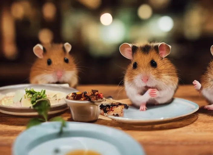 Image similar to photo of a hamsters on a date, eating various michelin dishes, at night, faded colors, candlelit restaurant table, various poses, soft light, centered, sharp focus, 8 k