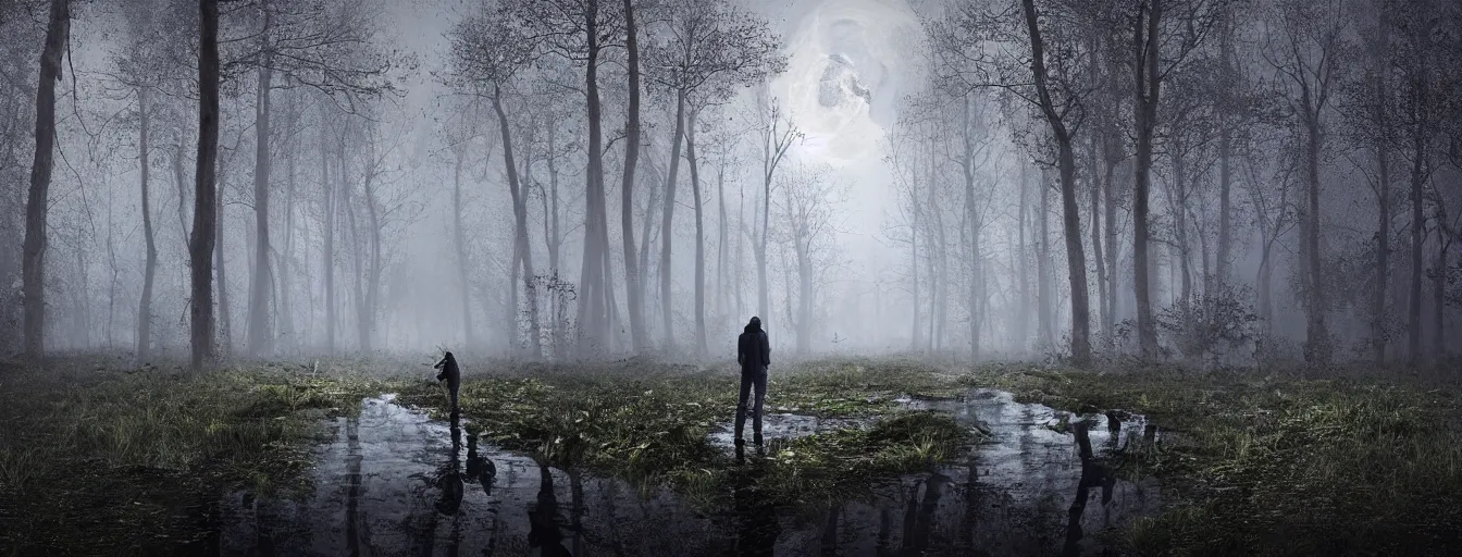 Prompt: portrait of man's terrified face, reflections in his eyes of wet forest, with menacing alien intruder, moonlight, horror atmosphere, postapo, dystopia style, heavy rain, reflections, high detail, horror dramatic moment, motion blur, dense ground fog, dark atmosphere, saturated colors, by darek zabrocki, render in unreal engine - h 7 0 4