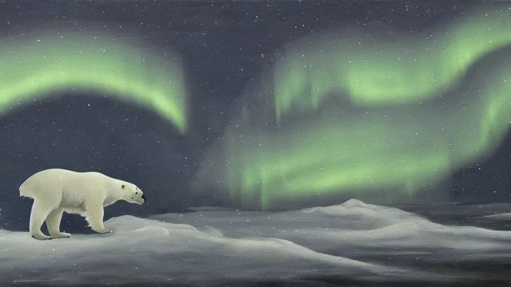 Image similar to an oil painting of a polar bear traversing a snowy landscape at night, the northern lights and the moon are visible