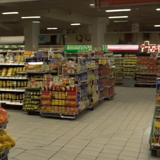 Image similar to a film still of a supermarket in the mandalorian