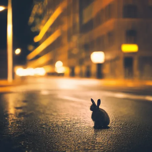 Image similar to lone rabbit in the middle of a street during a rainy night, lights, focused photo, low field of view, album cover