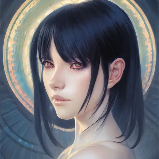 Image similar to portrait of beautiful symmetrical anime girl, black hair, attractive, casual, modern, highly detailed, digital painting, artstation, concept art, smooth, sharp focus, illustration, art by moebius artgerm, greg rutkowski and alphonse mucha, 8 k