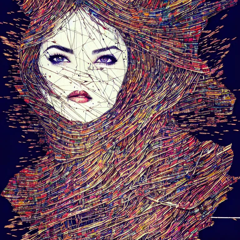 Image similar to nights falling wind is blowwing snow is pilling concept art in style of el anatsui and carne griffiths artwork by xsullo