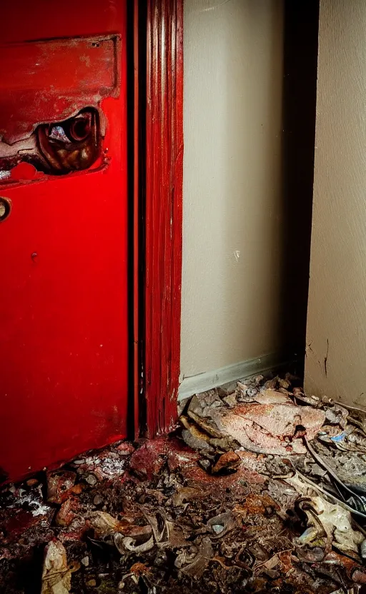 Image similar to high quality photo of a slimy red monster in the hallway of an old abandoned victorion house