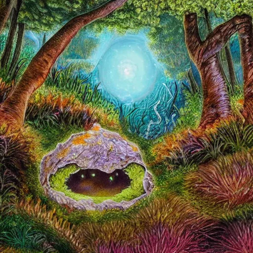 Prompt: an ultra detailed painting of a fantasy forest, nestled in a riverbank is a geode that contains a witch's den in it