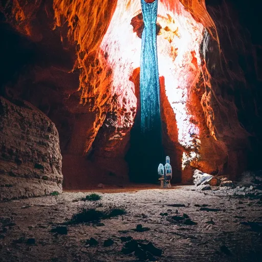 Image similar to photo of building and a giant orange glowing transparent humanoid of one thousand feet of height inside a cave