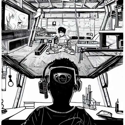 Prompt: in the style of max prentis and deathburger and laurie greasley a young explorer wearing a cyberpunk headpiece playing video games in his treehouse, highly detailed, midnight, 8 k wallpaper