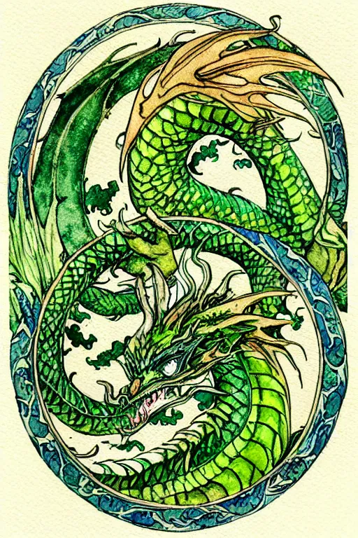 Image similar to green dragon watercolor painting in the center of a circular frame of leaves, art by walter crane and arthur rackham, illustration style, watercolor