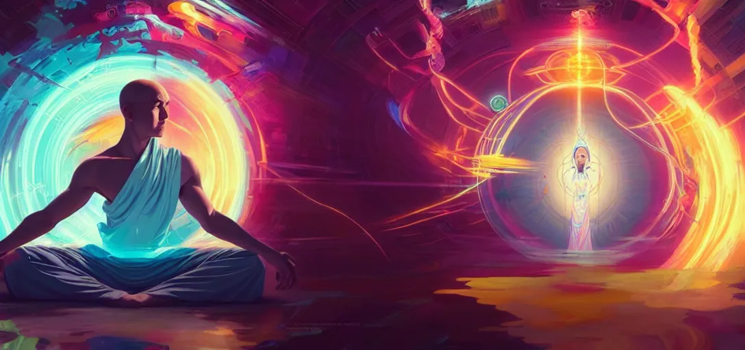 Image similar to a floating monk meditating, channeling swirling energy, wearing netrunner clothing, vaporwave aesthetic, colorful, psychedelic, digital painting, artstation, concept art, smooth, sharp focus, illustration, art by artgerm and greg rutkowski and alphonse mucha