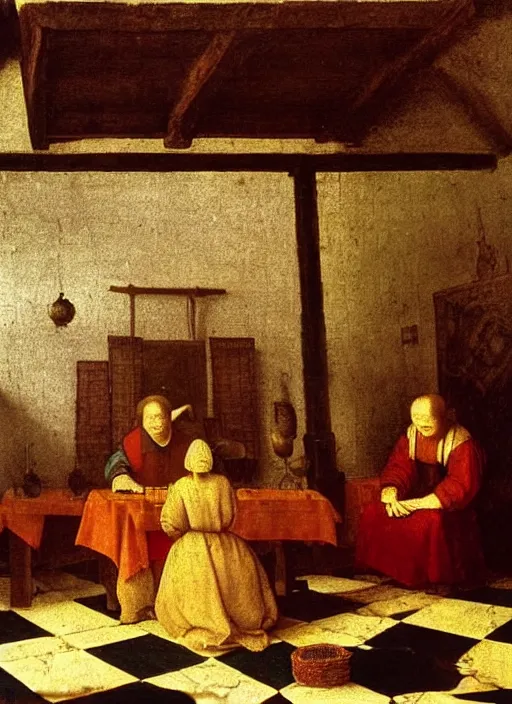 Image similar to a candlelit table at the inn, two people sitting at the table, swirling smoke, dark smoke, realistic, in the style of leonardo da vinci, dutch golden age, amsterdam, medieval painting by jan van eyck, johannes vermeer, florence