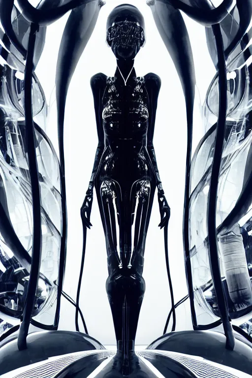 Image similar to background space station, black inflateble dress iris van herpen positing on floor, helmet instead of a head, perfect symmetrical, full body shot, inflateble shapes, wires, tubes, veins, jellyfish, white biomechanical details, wearing epic bionic implants, masterpiece, intricate, biopunk, vogue, highly detailed, artstation, concept art