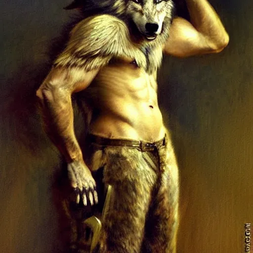 Image similar to a portrait of a furry wolf wearing a tshirt and pants, hairy, furry body, furry chest, furry arms, furry legs, tail. highly detailed painting by gaston bussiere, craig mullins, j. c. leyendecker, furry