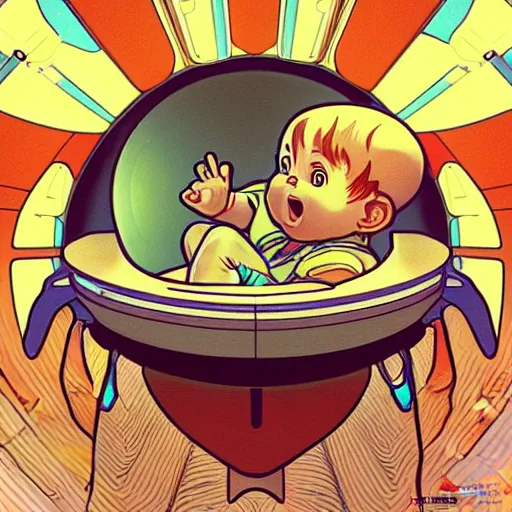 Image similar to a baby in a spaceship, very detailed, smooth render, illustration, art style by shigeru miyamoto and Alphonse Mucha