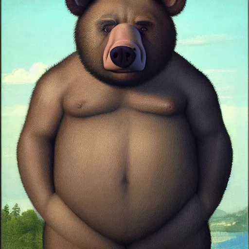 Image similar to a man-bear-pig-hybrid by Raphael, Hopper, and Rene Magritte. detailed, romantic, enchanting, trending on artstation.