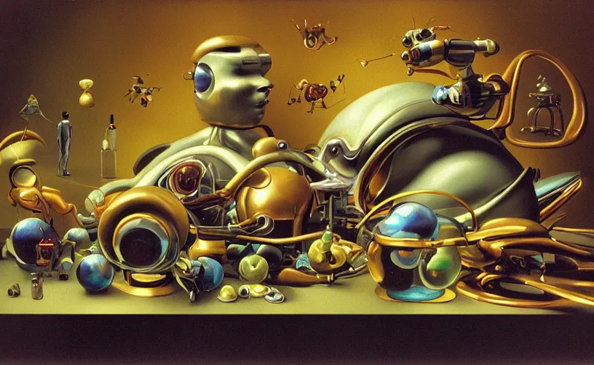 Image similar to strange curvy seductive futuristic robot body, enticing colorful oil painting dutch golden age vanitas eros still life sparse composition with bulbous objects strange gooey transparent surfaces shiny metal reflections bizarre mutant meat insects rachel ruysch dali todd schorr very detailed perfect composition rule of thirds masterpiece canon 5 0 mm, cinematic lighting, photography, retro, film, kodachrome