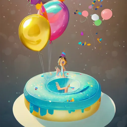 Image similar to a giant floating cake and plenty of floating birthday balloons. digital art, highly - detailed, artstation cgsociety masterpiece