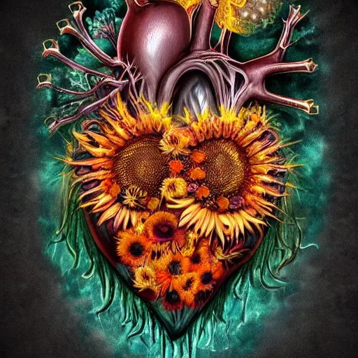 Prompt: a beautiful stunning interesting detailed matte digital painting by Larisa Novik of an anatomically correct heart bursting out of an anatomically correct skeletal rib-cage and exploding into rainbows and sunflowers, epic mind-blowing gorgeous grunge, trending on artstation hq