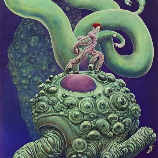 Image similar to a giant tardigrade kaiju retro japanese, monster slimy, oil painting, 7 0 s vintage art, by georgia o keeffe, by kay nielsen, by gustave dore, by frank frazetta, nausicaa, collage, by james gurney