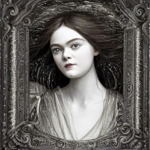 Image similar to professional painting of Elle Fanning in the style of Eleanor Fortescue-Brickdale, head and shoulders portrait, symmetrical facial features, smooth, sharp focus, illustration, intricate, stormy weather, extremely detailed masterpiece,