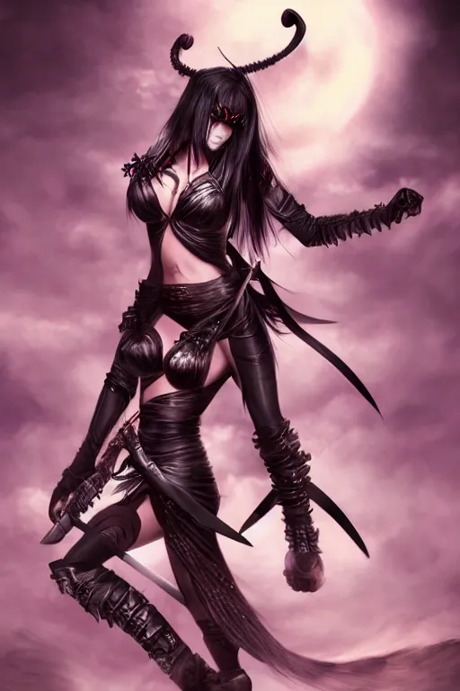 Prompt: demon girl warrior with swords, goth ninja, pretty face, ultra detailed, digital art, 8k ,character ,realistic, portrait, hyperrealistic