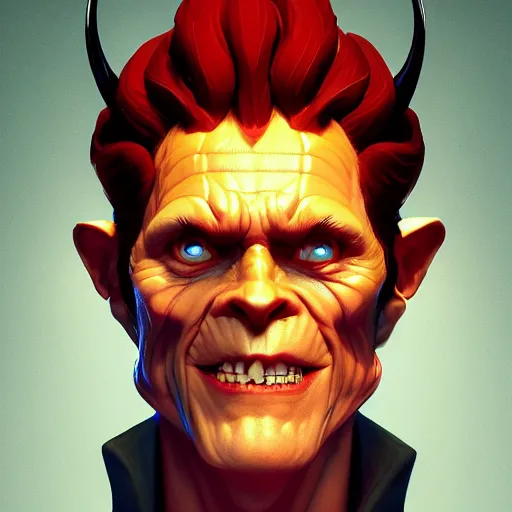 Image similar to Portrait of Willem Dafoe as the Devil, red skin, horns under his cheek, mattepainting concept Blizzard pixar maya engine on stylized background splash comics global illumination lighting artstation lois van baarle, ilya kuvshinov, rossdraws