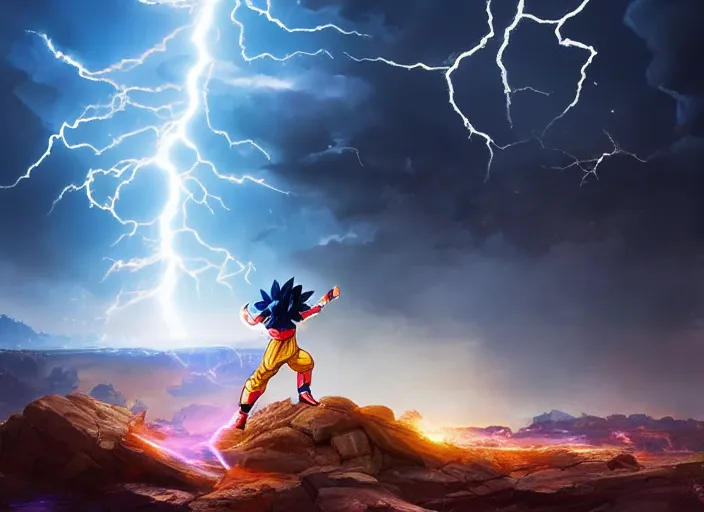 Prompt: goku luchando contra iron man, beautiful landscape, lightning storm, dramatic lightning, cinematic, establishing shot, extremly high detail, photorealistic, cinematic lighting, epic fight scene, post processed, concept art, artstation, matte painting, style by greg rutkowsky