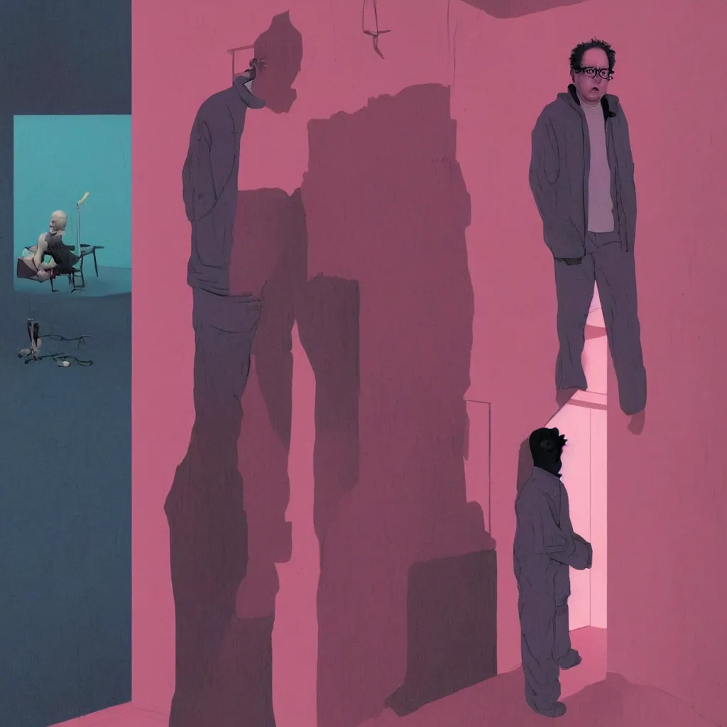 Image similar to weird and disturbing portrait of todd solondz standing alone in an empty appartment, vivid colors, neon, art by gregory crewdson, ( ( ( kuvshinov ilya ) ) ) and wayne barlowe and francis bacon and artgerm and wlop and william - adolphe bouguereau