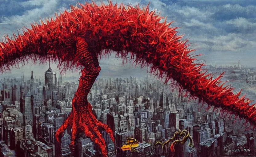 Image similar to an oil painting of atompunk red alert monster that consumes new york city in style of lovecraftian horror by simon bisley