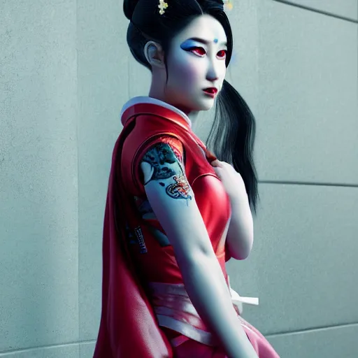 Image similar to !dream cyberpunk geisha, full body, cinematic lighting, beautiful face, ultra detail, ultra realistic, photo realistic, octane render,