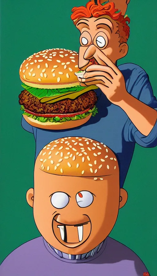 Image similar to nickelodeons doug eating a hamburger 1 9 9 1. portrait by jean giraud and anton otto fischer