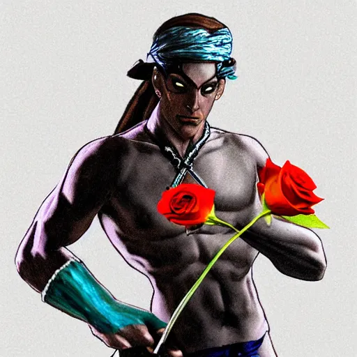 Image similar to Vega from street fighter holding a rose, in the style of Frederic Remington, artstation, claw