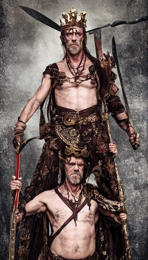 Image similar to hugh laurie as the warrior king, masculine, sweaty, intricate, dressed as a king ready for battle holding his great sword, various camera angles, heartthrob, hero, intricate, symmetrical features, full body, highly - detailed,