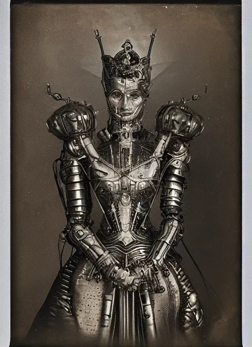 Image similar to old wetplate daguerreotype frame portrait of a futuristic silver armored pretty queen elisabeth emperor district 9 cyborg, fractal, intricate, elegant, highly detailed, subsurface scattering, by jheronimus bosch and greg rutkowski and louis jacques mande daguerre