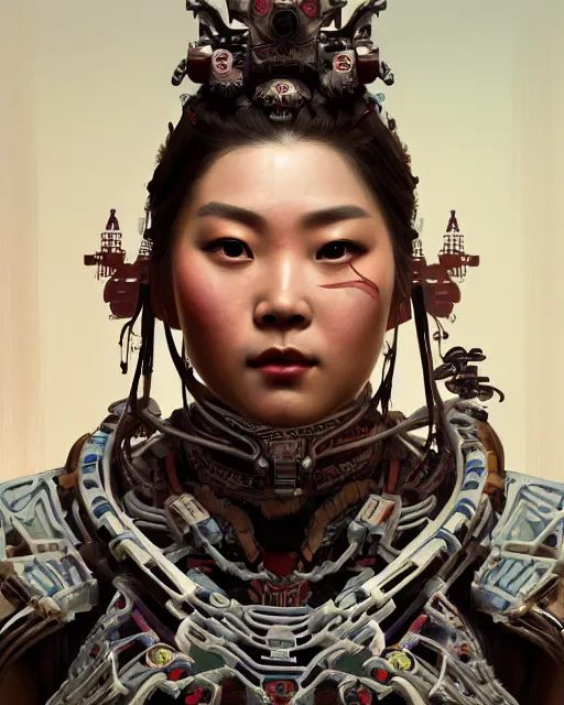 Image similar to portrait of a machine from horizon zero dawn, machine face, upper body, decorated with chinese opera motifs, asian, traditional chinese art, intricate, elegant, highly detailed, digital painting, artstation, concept art, smooth, sharp focus, illustration, art by artgerm and greg rutkowski and alphonse mucha, 8 k