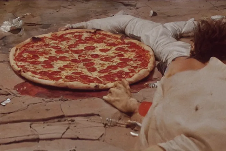 Image similar to a film still of pizza the hut in the akira, high quality