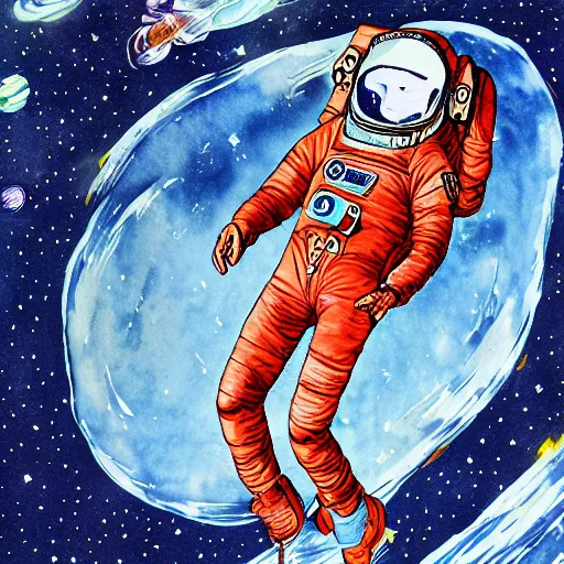 Prompt: james jean water color of an astronaut drifting in space staring at the earth