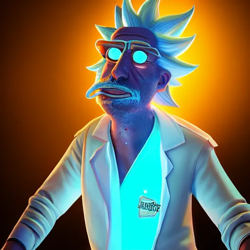 Image similar to portrait of old shaved rick sanchez, lab coat and tee shirt, lens flare, atmosphere, glow, detailed, intricate, full of colour, cinematic lighting, trending on artstation, 4 k, hyperrealistic, focused, extreme details, unreal engine 5, cinematic, masterpiece