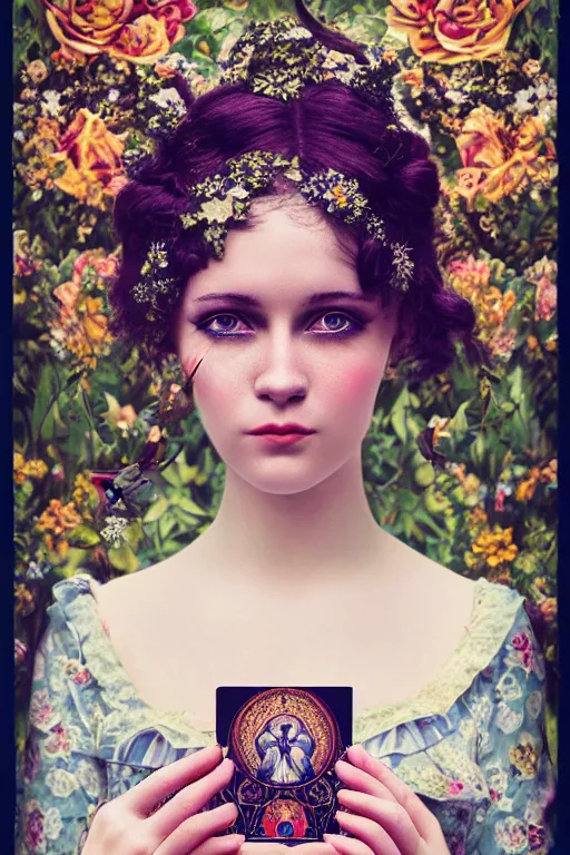 Prompt: Kodak Portra 400, 8K, highly detailed, major arcana art nouveau Agnieszka Lorek tarot style card 3/4 extreme closeup portrait card, eye contact, focus on model, tilt shift background: famous major arcana tarot remake, transformation scene