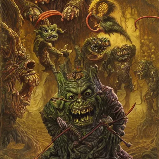 Prompt: goblins, ghouls, and gremlins. art by tomasz alen kopera and glenn fabry.