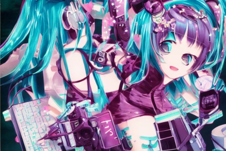 Image similar to fractal hatsune miku playing huniepop, romance novel cover, cookbook photo, in 1 9 9 5, y 2 k cybercore, industrial photography, still from a ridley scott movie