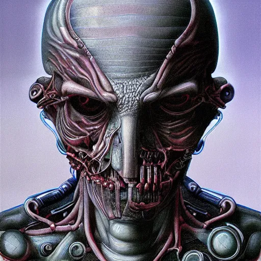 Prompt: biomechanical portrait of man connected to machine by wayne barlowe