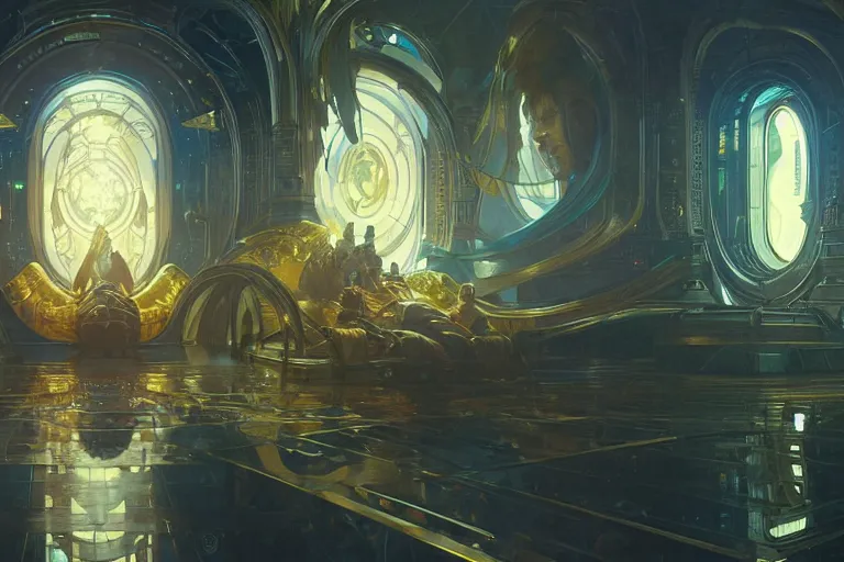 Prompt: a background matte painting for a high tech science fiction religious room with chambers of bubbling liquid gold intricate digital painting artstation concept art smooth sharp focus illustration, art by artgerm and paul chadeisson and greg rutkowski and alphonse mucha