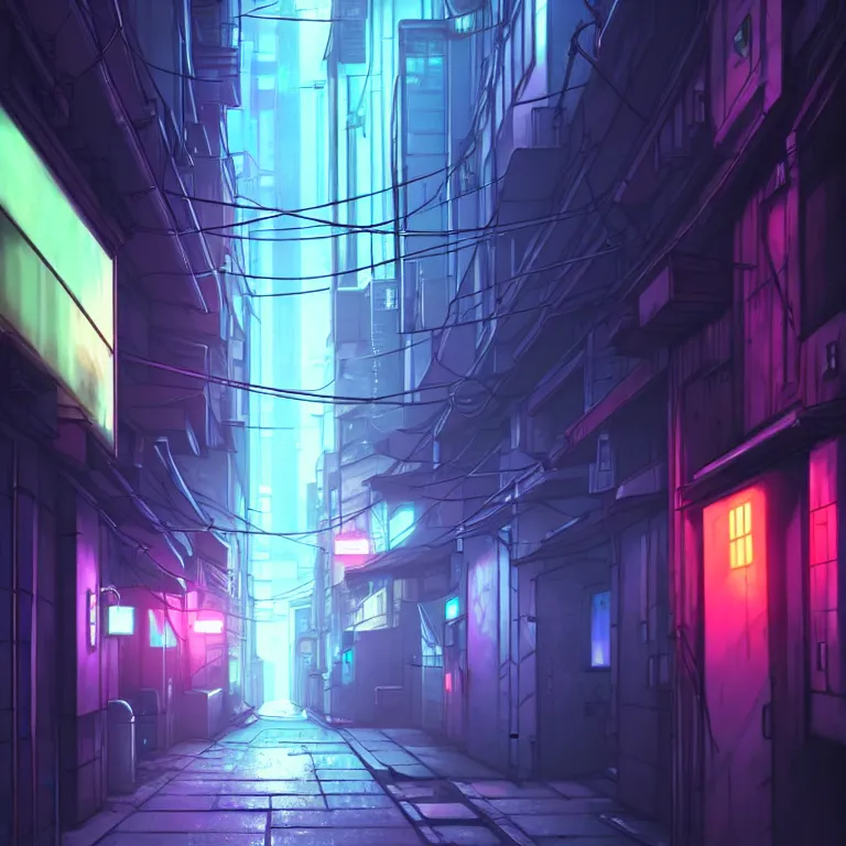 Image similar to city alleyway in the atmospheric cyberpunk anime film, gouache matte background painting, neon noir, at night with lights, by makoto shinkai, in the anime series ergo proxy, beautiful specular edge highlights and rim lighting