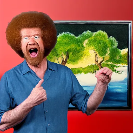 Image similar to angry bob ross shouting at a painting, real photo, dslr photo, 4 k, intricate.
