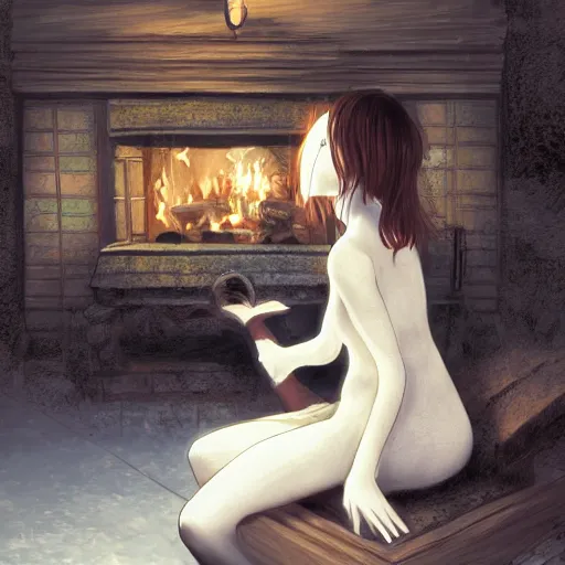 Prompt: girl sitting next to a fireplace, digital art, by Yoshitaka Amano, trending on artstation