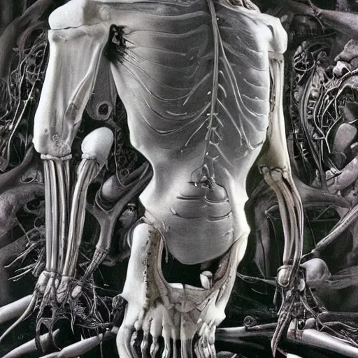 Image similar to realistic shot bloody bones, organs and flesh, biomechanical technology, natural light, by h r giger