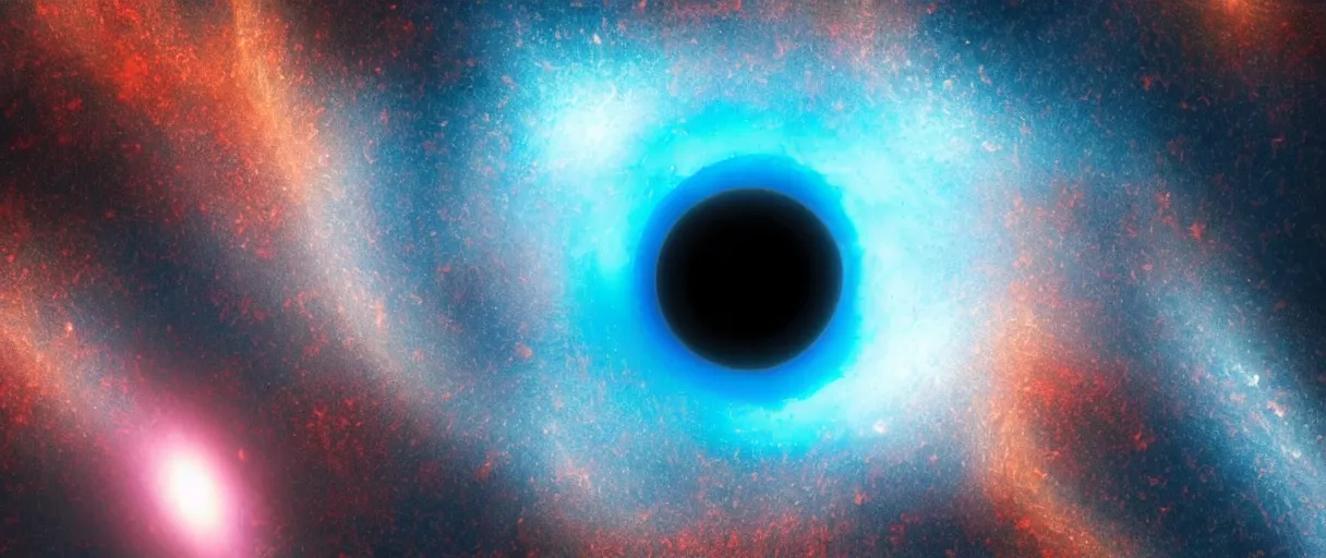 Image similar to realistic photo of one black hole in space, rhizomatic network, volumetric, particles, physical, translucence, cinematic lighting, iridescence