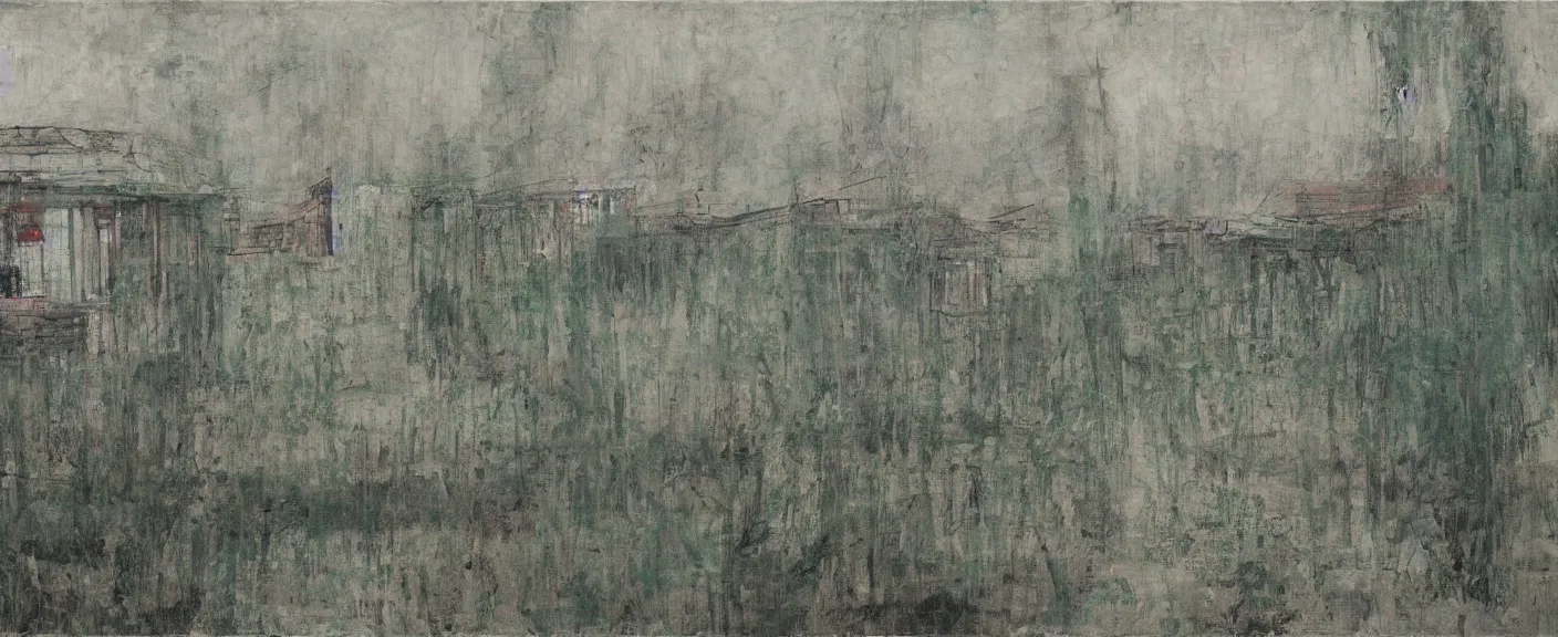 Image similar to a chinese prison near a river by peter doig, muted colors